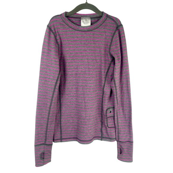 Ivivva Lululemon Long Sleeve Shirt Girls 10 Pink Gray Stripe Thumbholes Active‎ - Picture 1 of 7